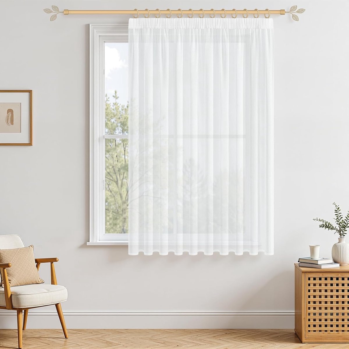Gordijn, wit transparant, 170 x 200 cm (h x b), set van 1 voile gordijnen voor meisjes, met plooiband, semi-transparant, voor rail, extra brede gordijnen, boho-stijl