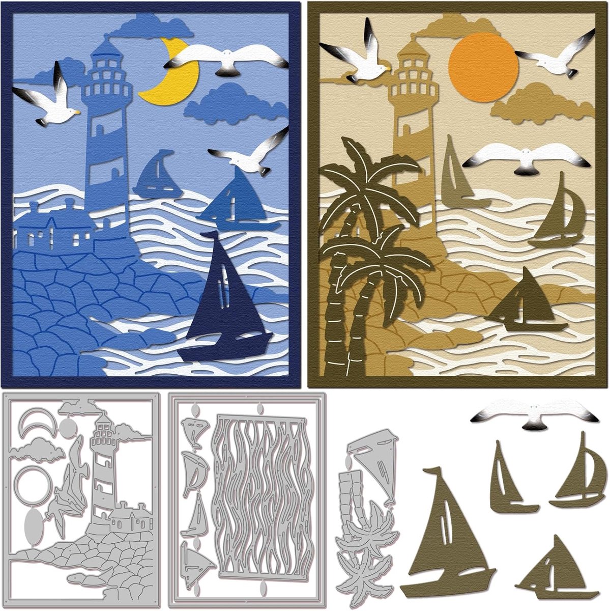 Gelaagde Vuurtoren Frame Snijmallen voor DIY Scrapbooking Metalen Zeilboot Zeemeeuw Achtergrond Cut Dies Zon en Maan Die Cuts voor Kaarten Maken Embossing Fotoalbum Craft Decor