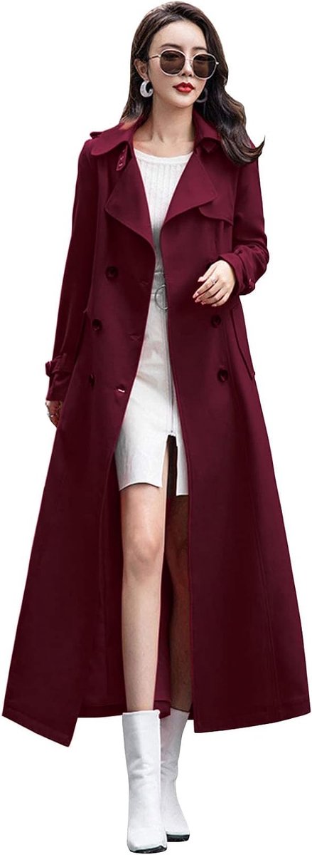 Ebossy Trenchcoat met dubbele rij knopen voor dames, slank model, volledige lengte, maxi, lange overjas