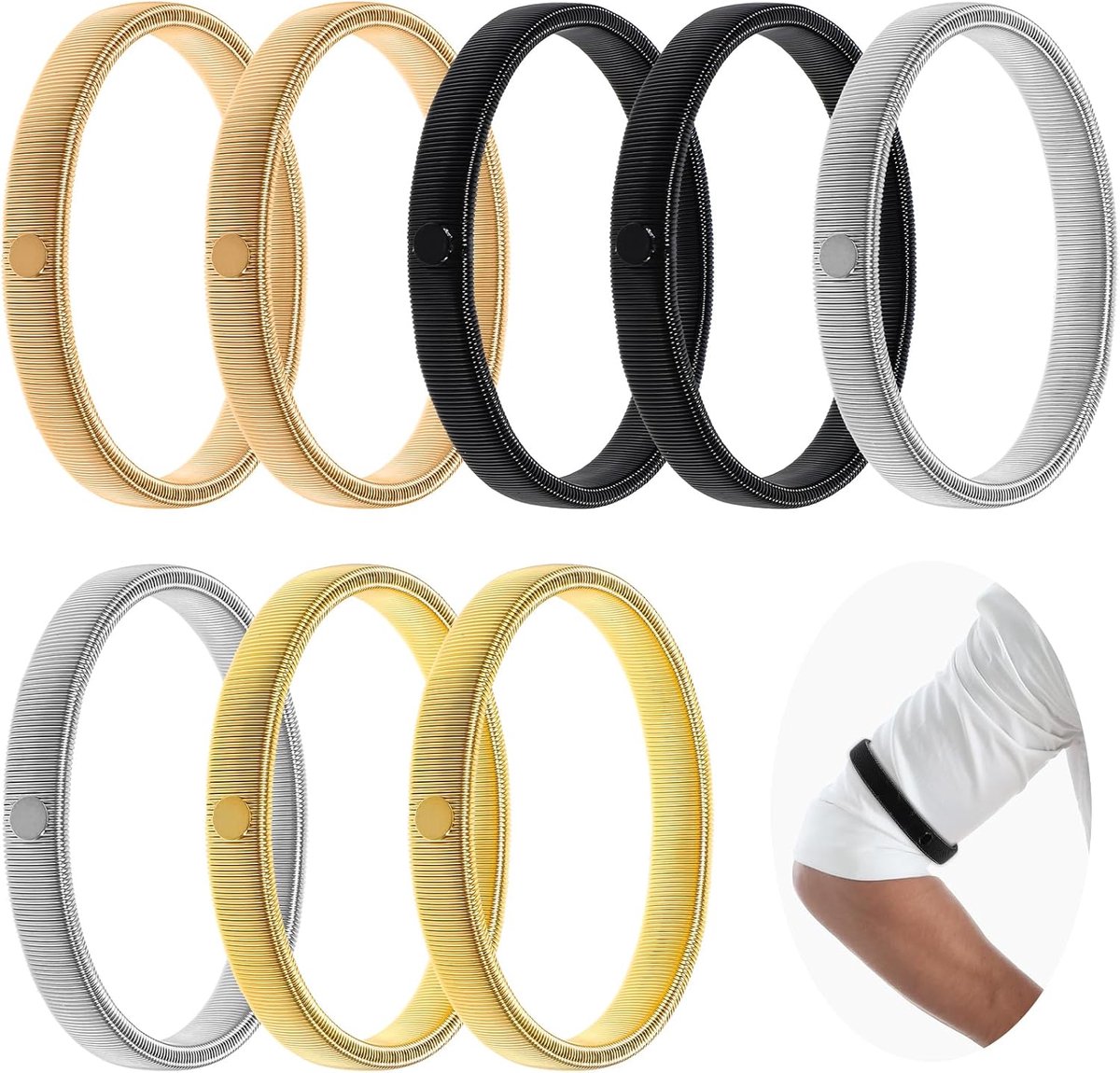 Mouwbanden voor vrouwen, 8 stuks rekbare metalen mouwhouders, antislip armbanden, shirt mouwen houder (4 kleuren)