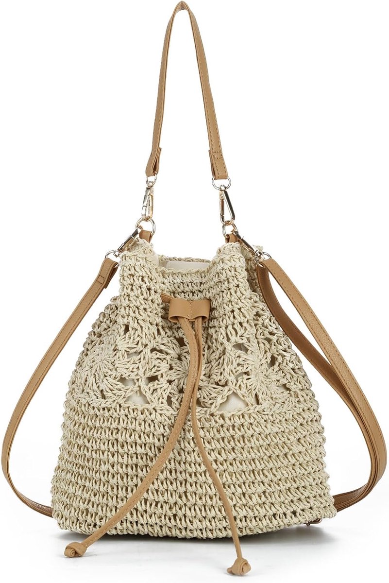 Crossbody tas van stro voor dames, casual, zomer, boho, imitatie-rafia, geweven emmertas met handvat en riem, voor strandvakantie en dagelijks gebruik