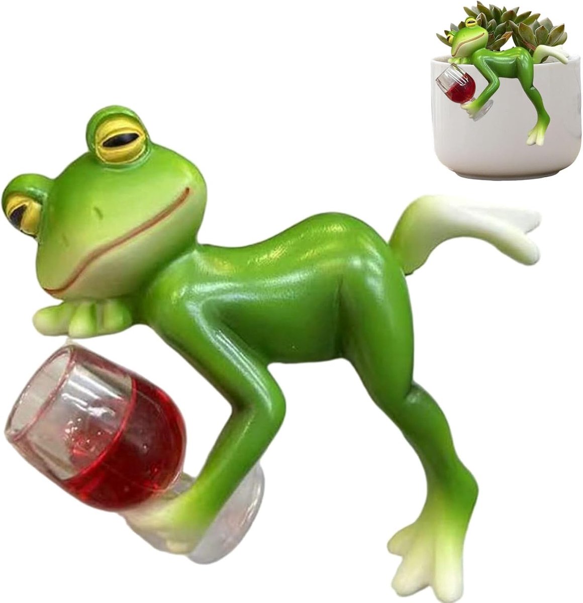 Dieren hars standbeeld mini-vijver tuindecoratie, groene kikker bloempothanger, decoratieve tuin kikker figuren, bloempot hangers, kikkers, decoratieve figuren met wijnglas, voor tuin