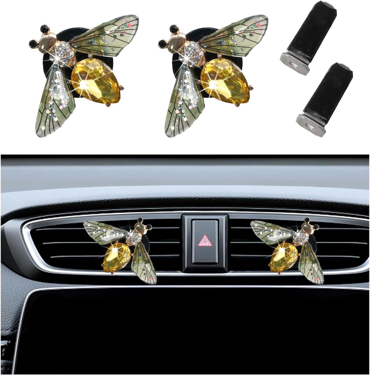 2 stuks Bling Bee Air Vent Clips, Leuke Crystal Auto Luchtverfrissers Vent Clips, Strass Diamant Auto Diffuser Vent Clip voor Vrouwen Meisjes, Auto Interieur Decor Accessoires (Groen)