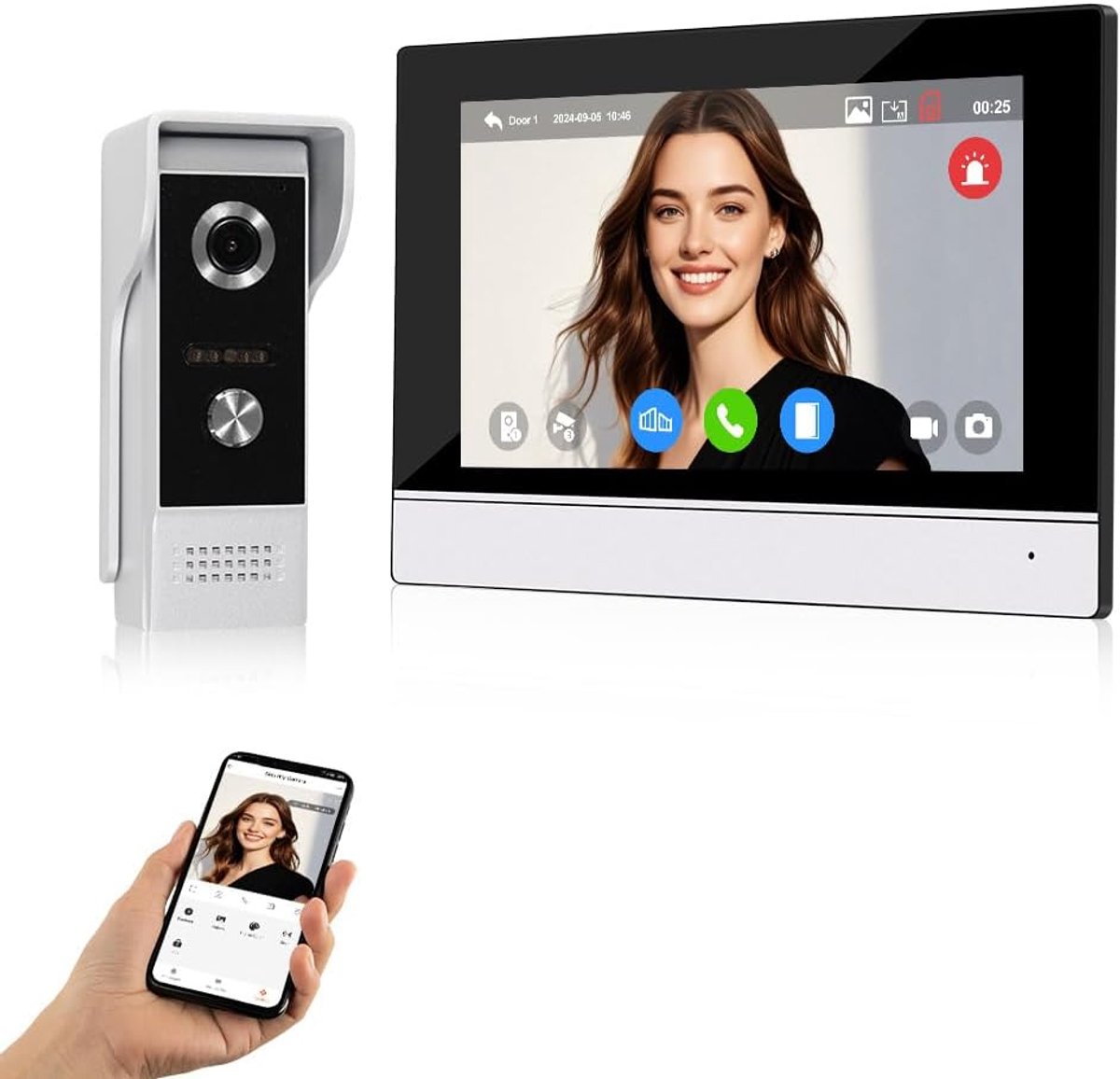Smart App Video deurintercom, 7 inch, wifi, 1080p AHD, nachtzicht, infrarood nachtzicht, video-deurintercom voor thuis, 1080P AHD, nachtzicht