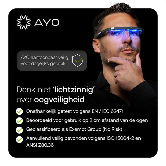 Man met bril met blauw licht, met tekst: 'Denk niet lichtzinnig over oogveiligheid'.