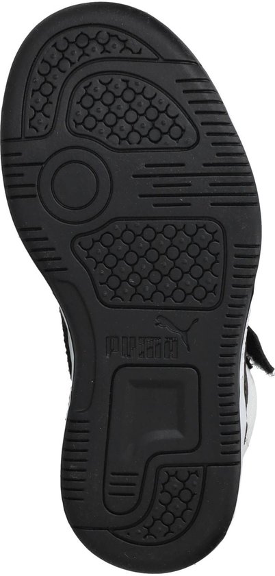 Zool van de zwarte en witte Puma Rebound Slam Mid AC PS sneaker met profiel en Puma-logo.
