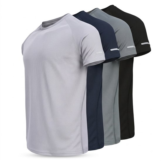 Stapel van vier sportshirts: lichtgrijs, donkerblauw, grijs en zwart, met reflecterende details.