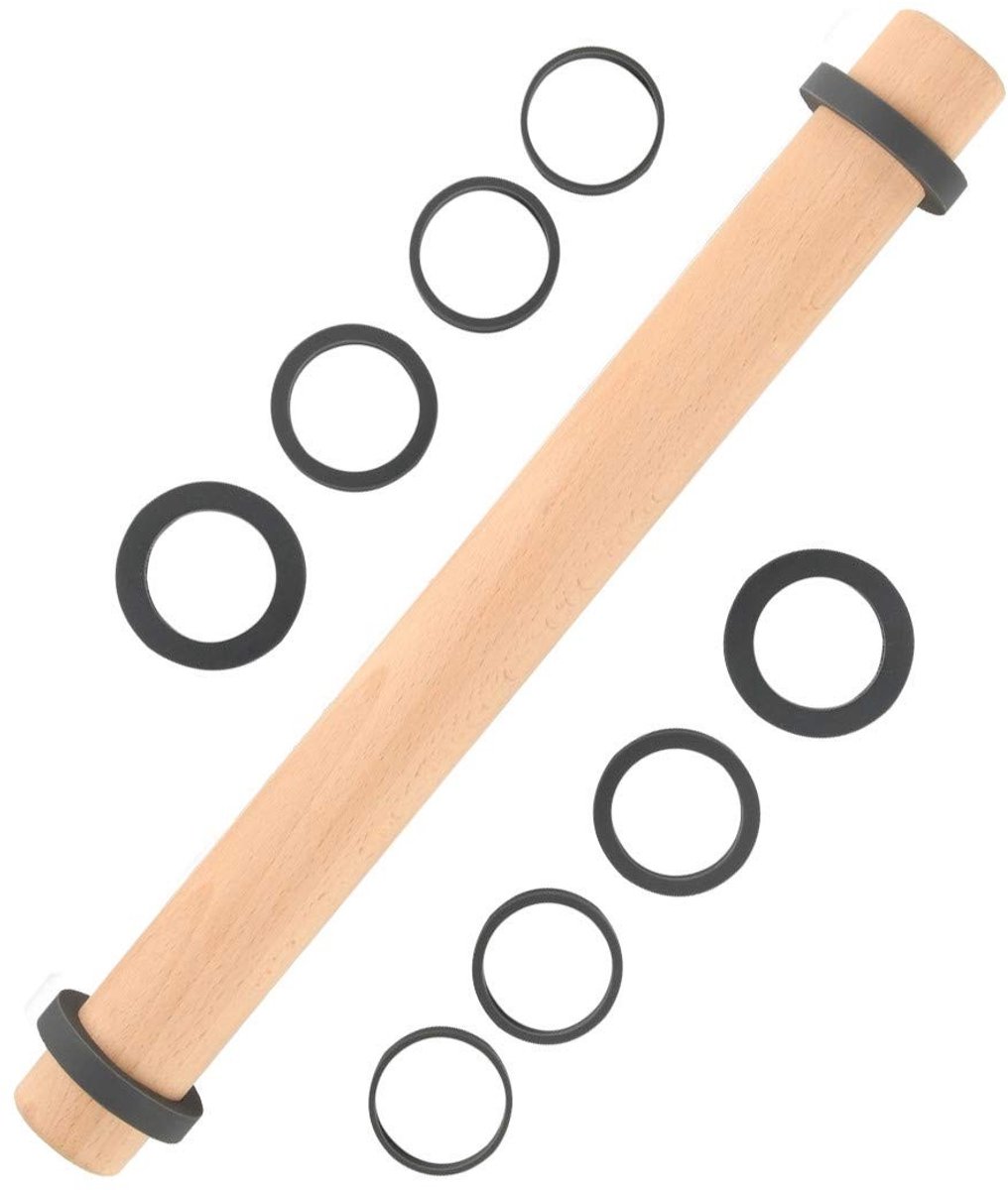 SolidKeus - Beukenhouten Deegroller met 5 Verstelbare Silicone Ringen