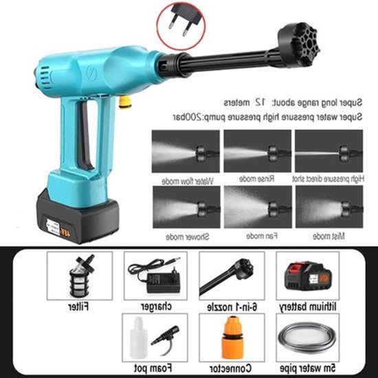Hogedrukreiniger - Terrasreiniger - Waterpistool - Draadloze - Elektrische - 30000mAh Accu - 200 Bar - 6-in-1 Spuitpistool - Pressure Washer - en Verstelbare Nozzle - Autowasser en Tuinreiniger - Inclusief 1x Accu — afbeelding 4
