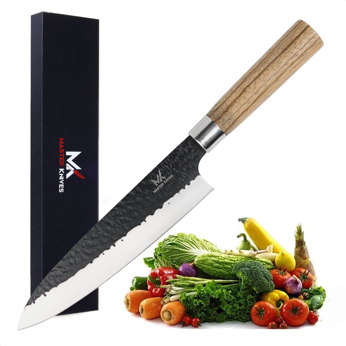 Master Knives Professioneel Japans Koksmes 20 CM - Keukenmes van hoogwaardig Damascus Patroon - Ergonomisch Houten Handvat - japanse messen