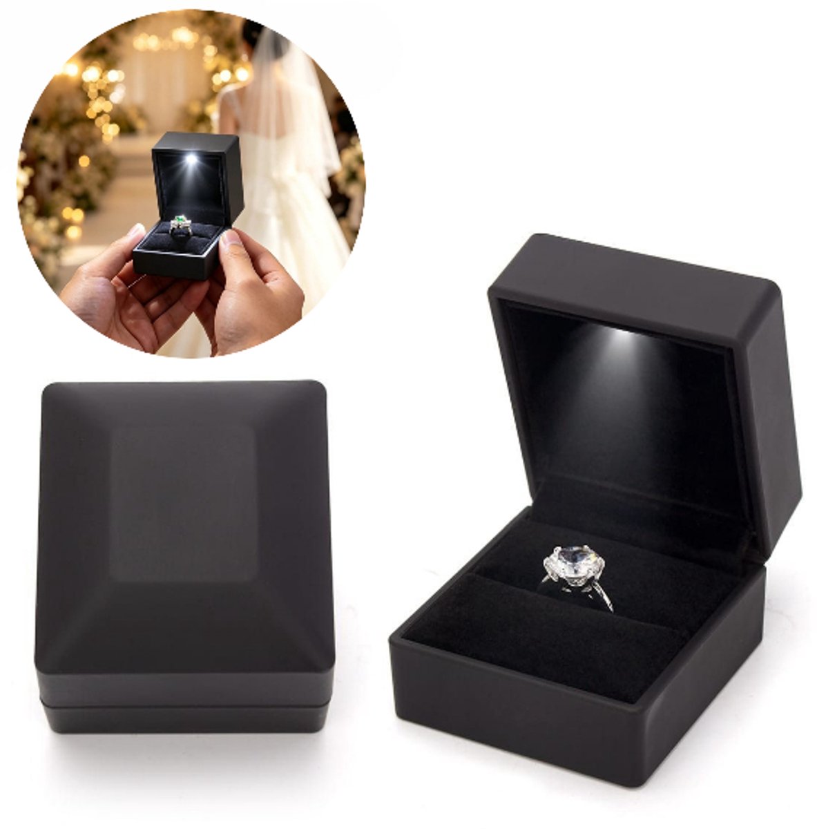 Ringdoosje - Ring doosje met LED verlichting - Automatische LED - Sieradendoos - Verlovingsring Doos - Huwelijk, Verloving, Aanzoek - voor Huwelijk, Verloving of Valentijnsdag – Zwart - LOUZIR