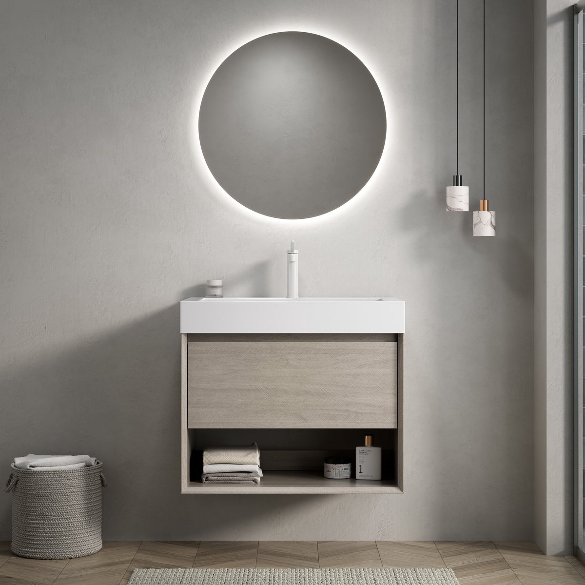 Hangend badkamermeubel met wastafel - Compacte opbergoplossing - 70 cm - Licht eiken & wit - Resin wastafel met overloop - Soft-close lade & open legvak - Voorgemonteerd