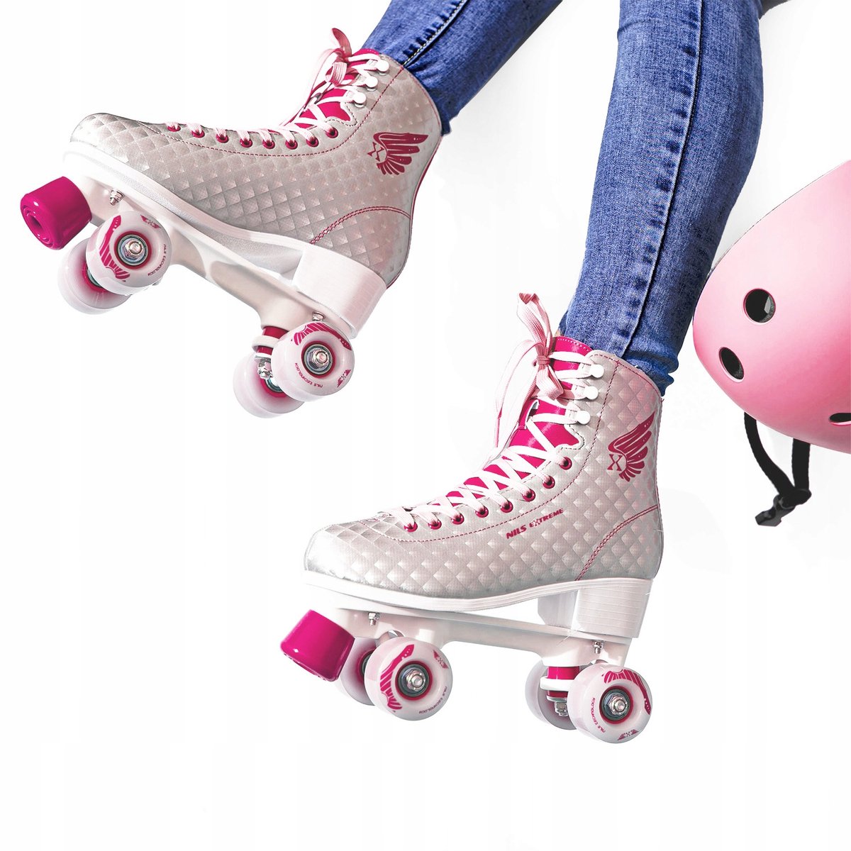 Nils Extreme Recreatieve Rolschaatsen Synthetisch Leer ABEC7 Lagers Srebrno-Różowy Roze