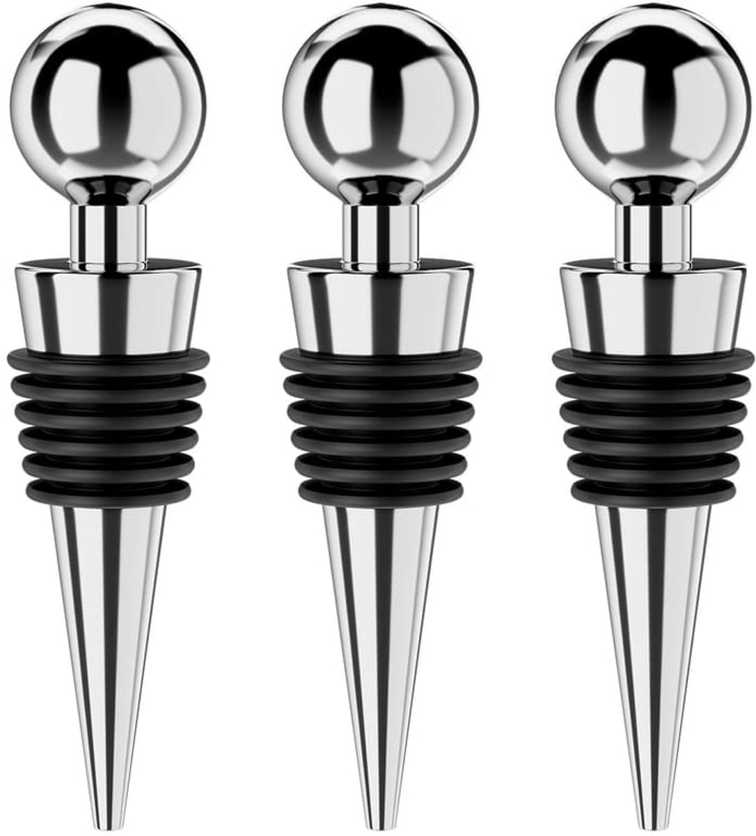 Wijnflesstoppers, 3-pack vacuüm wijnflesstoppers, herbruikbaar, lekvrij en versheidsbehoudend, Geschikt voor standaard flessenhalzen (zilver, 3-pack).