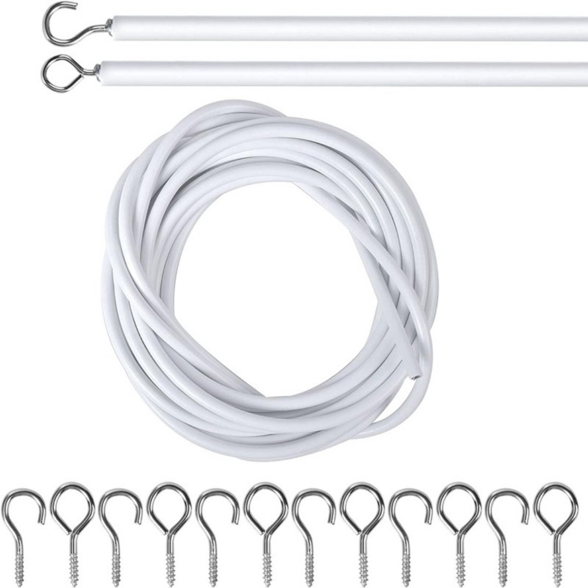 Gordijnhaken - Gordijnkoorden - Gordijnaccessoires - 5 meter veerkoord + 6 ooghaakjes + 6 vraagtekenhaakjes - Gordijnhakenset - Haken - Koorden - Gordijnophangkoorden - Geschikt voor gordijnroeden en douchegordijnen - Wit