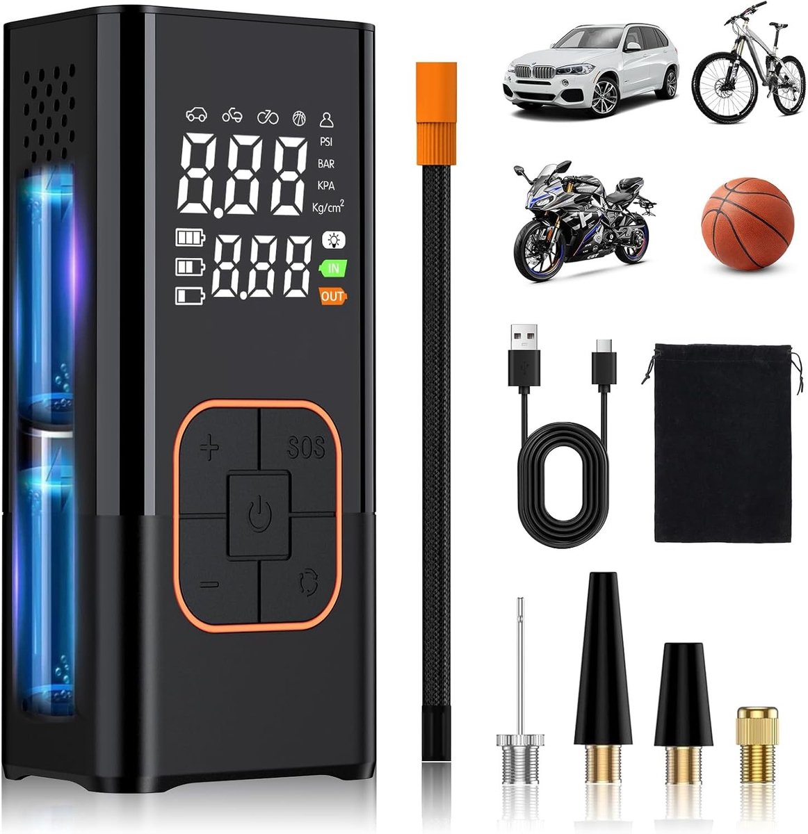 Draagbare Bandenpomp - Zwart - Draadloze Digitale Luchtcompressor met 2x 1800mAh Batterij - Voor Auto, Motor, Fiets en Sportballen