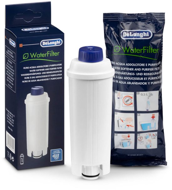 DeLonghi waterfilter verpakking en filter, voor espressomachines.