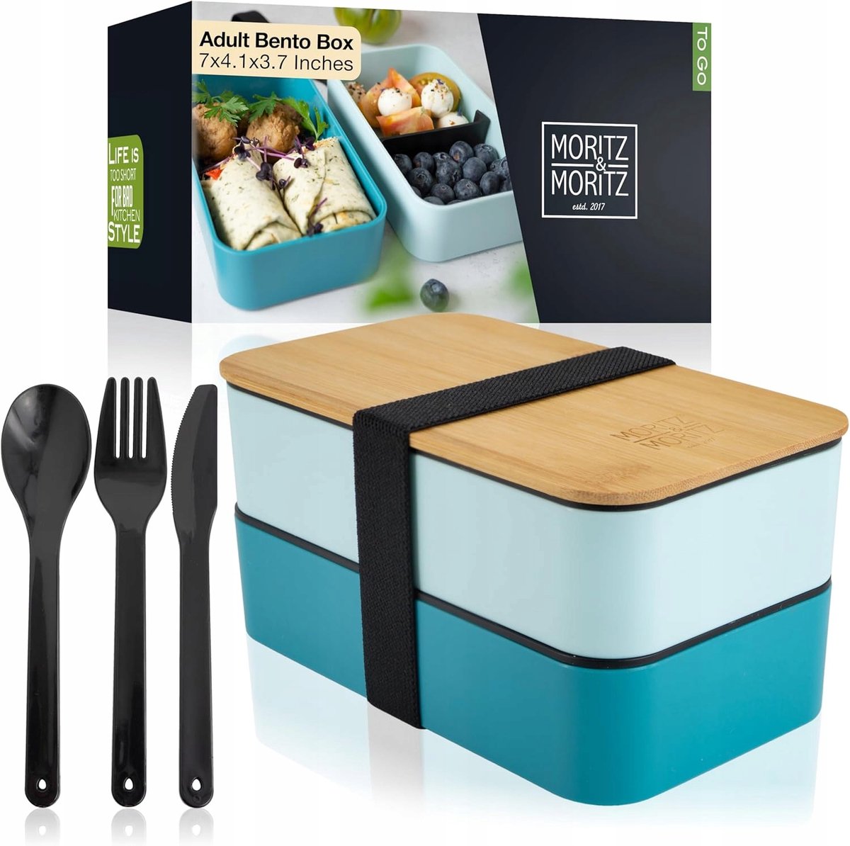 LUNCHBOX met Bestek, 1.4L, BPA-vrij, Blauw/Natuurlijk