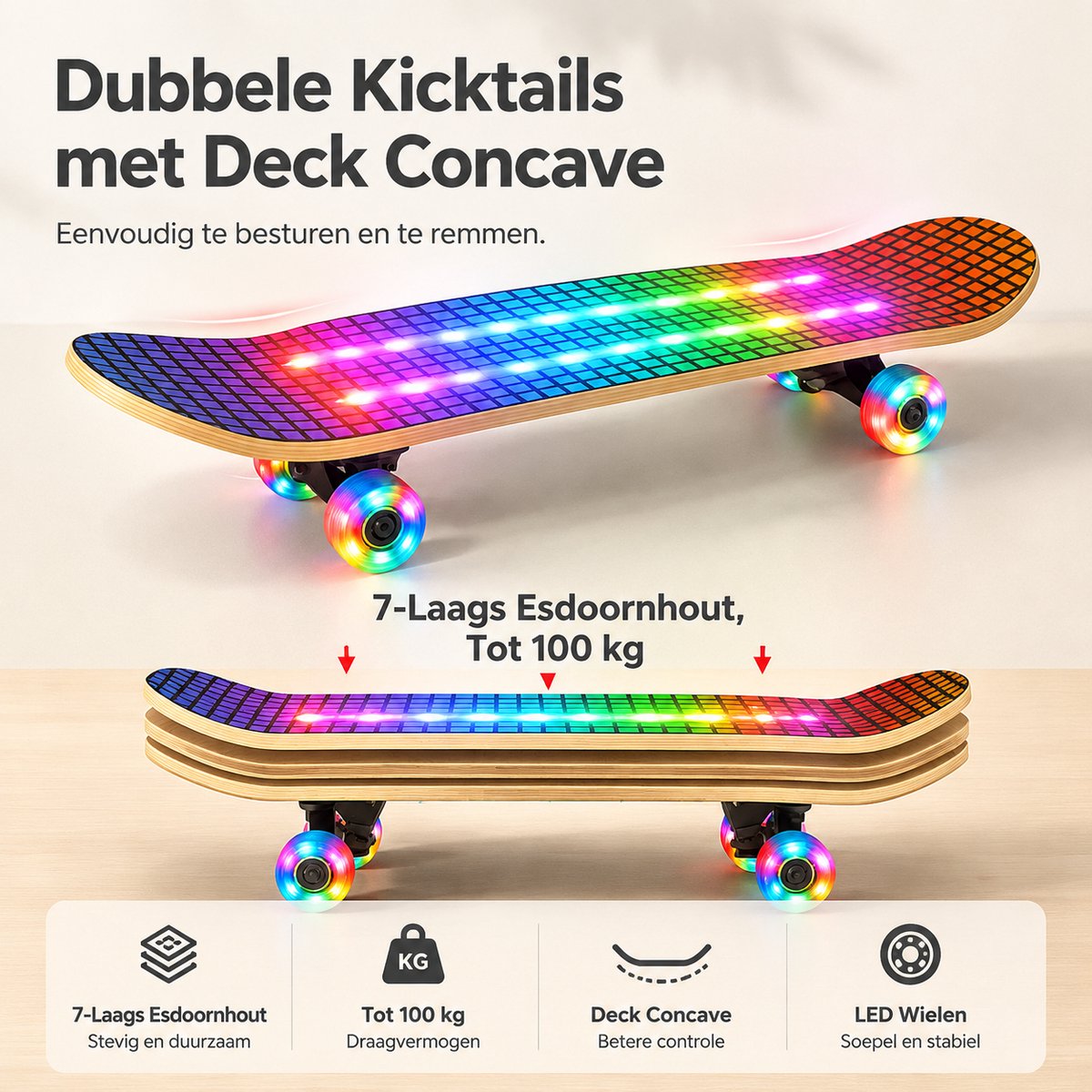 Suotu Skateboard met LED Lichtgevend Dek & Wielen - 80x20cm - ABEC-9 - 95A - Schokabsorptie - Jongens - Meisjes - Volwassenen Skateboards - Gekleurd raster — afbeelding 6