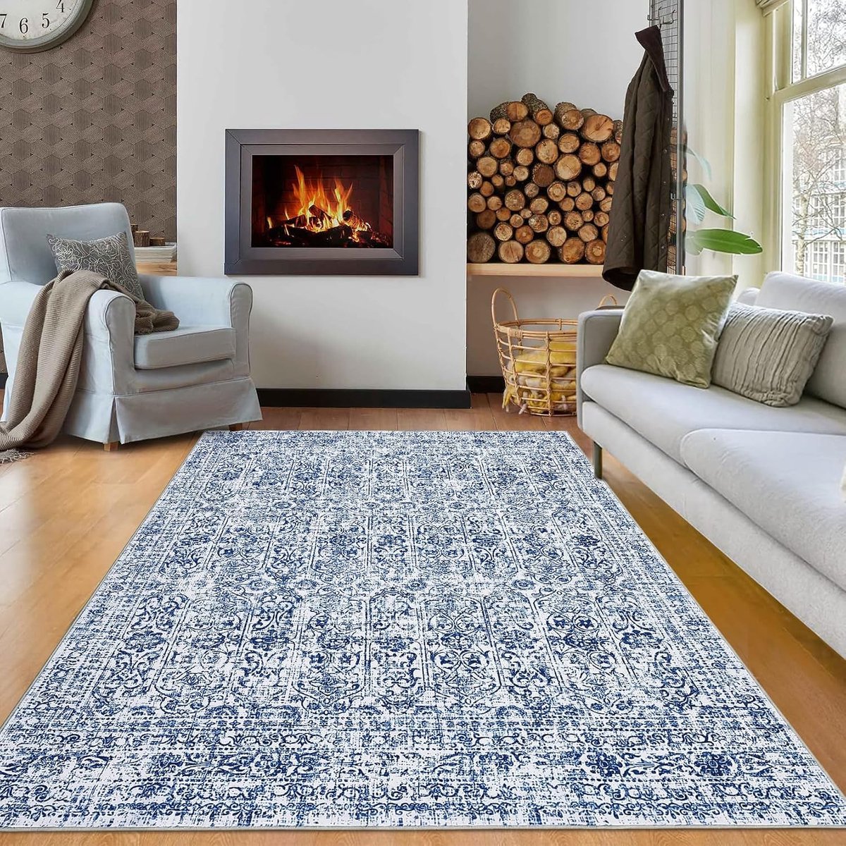 Oosters Vintage Vloerkleed - Wasbaar Antislip Kortpolig Bloemmotief - Blauw - 160x230 cm