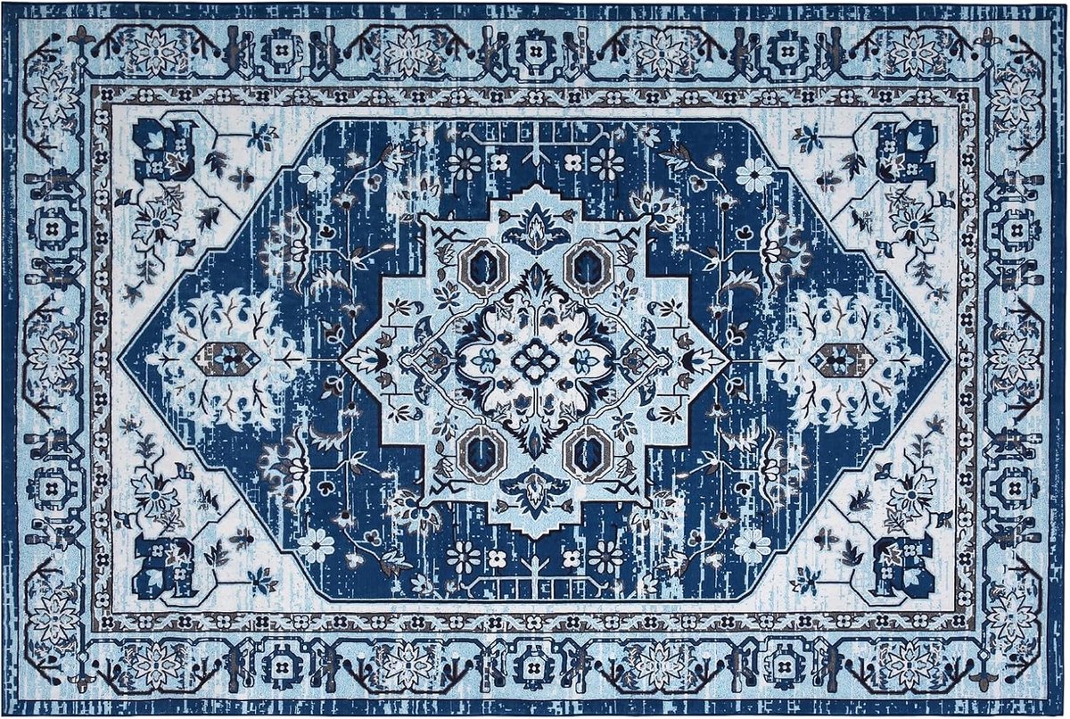 Vintage Vloerkleed - Wasbaar Antislip Bloemmotief - Navy - 160x230 cm