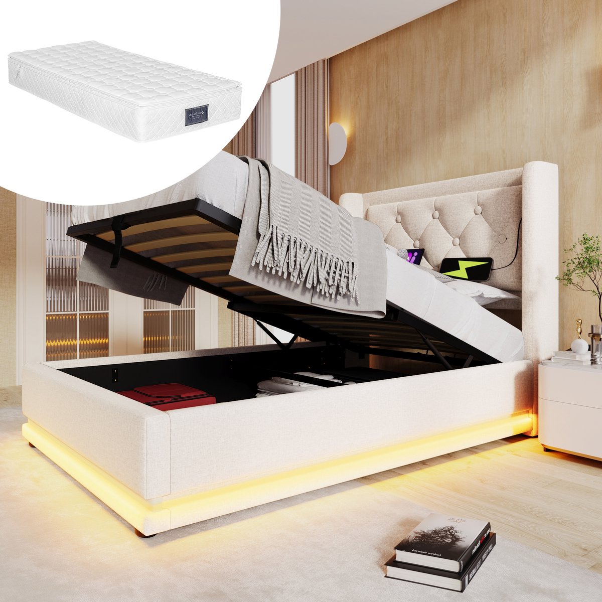Bedframe - 90x200 Cm - Bed - Met Lattenbodem - Met Opbergruimte - LED - USB C - Beige - Met Matras