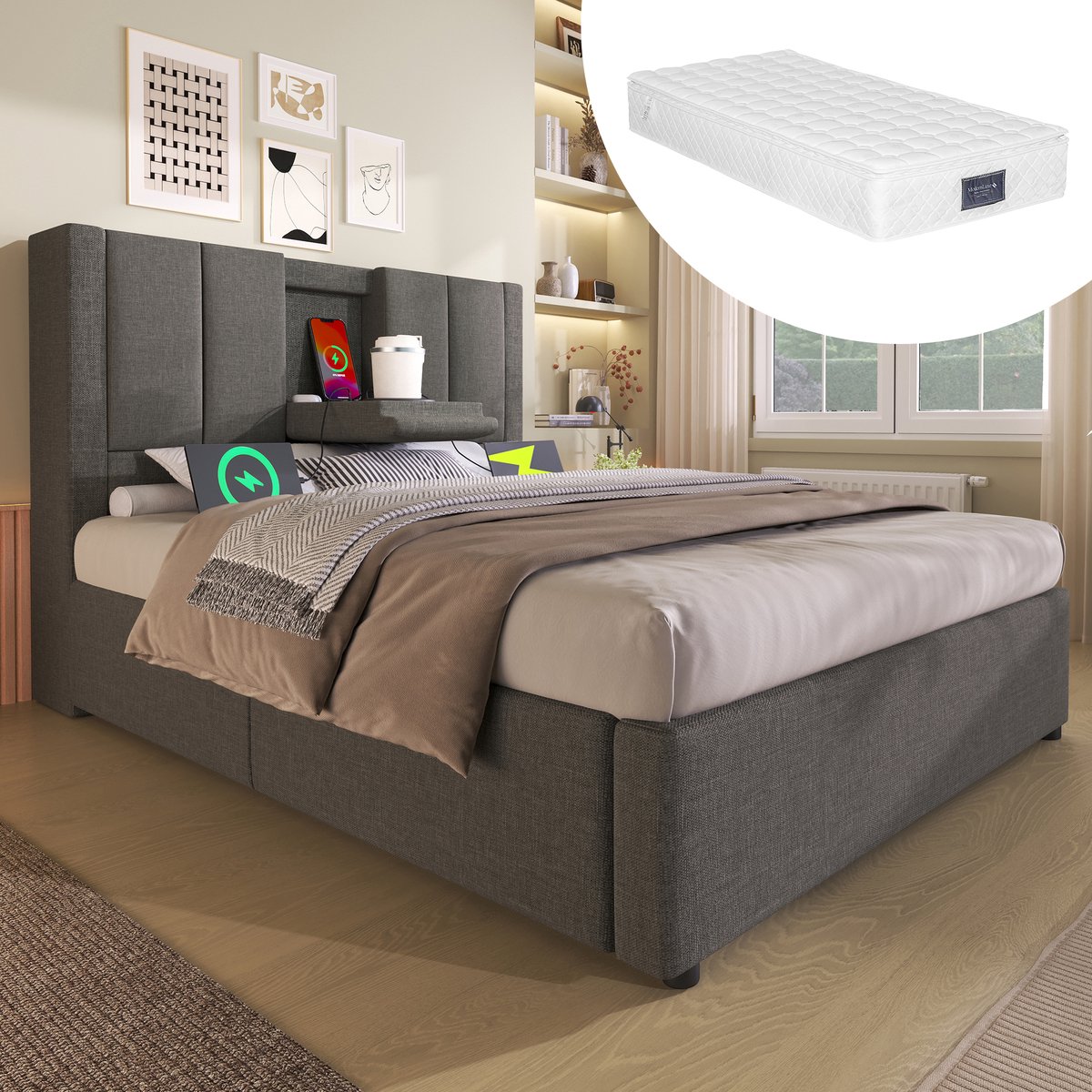 Bedframe - 90x200 Cm - Bed - Met Lattenbodem - Met Opbergruimte - USB C - Grijs - Met Matras