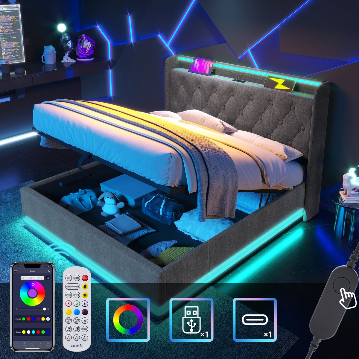 Bedframe - 140x190 Cm - Bed - Met Opbergruimte - LED - USB C - Grijs - Zonder Matras
