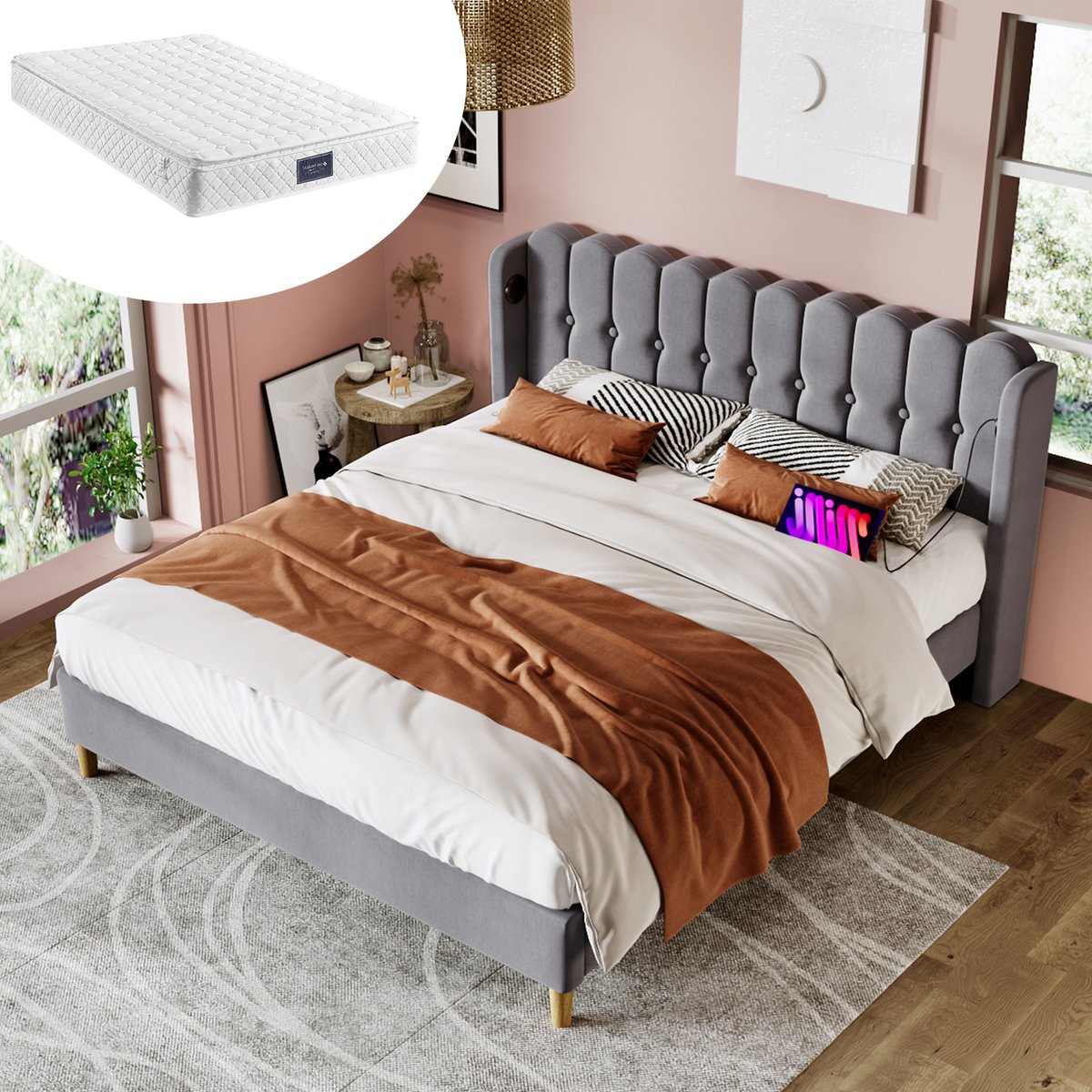 Bedframe - 140x200 Cm - Bed - Met Lattenbodem - USB C - Grijs - Met Matras
