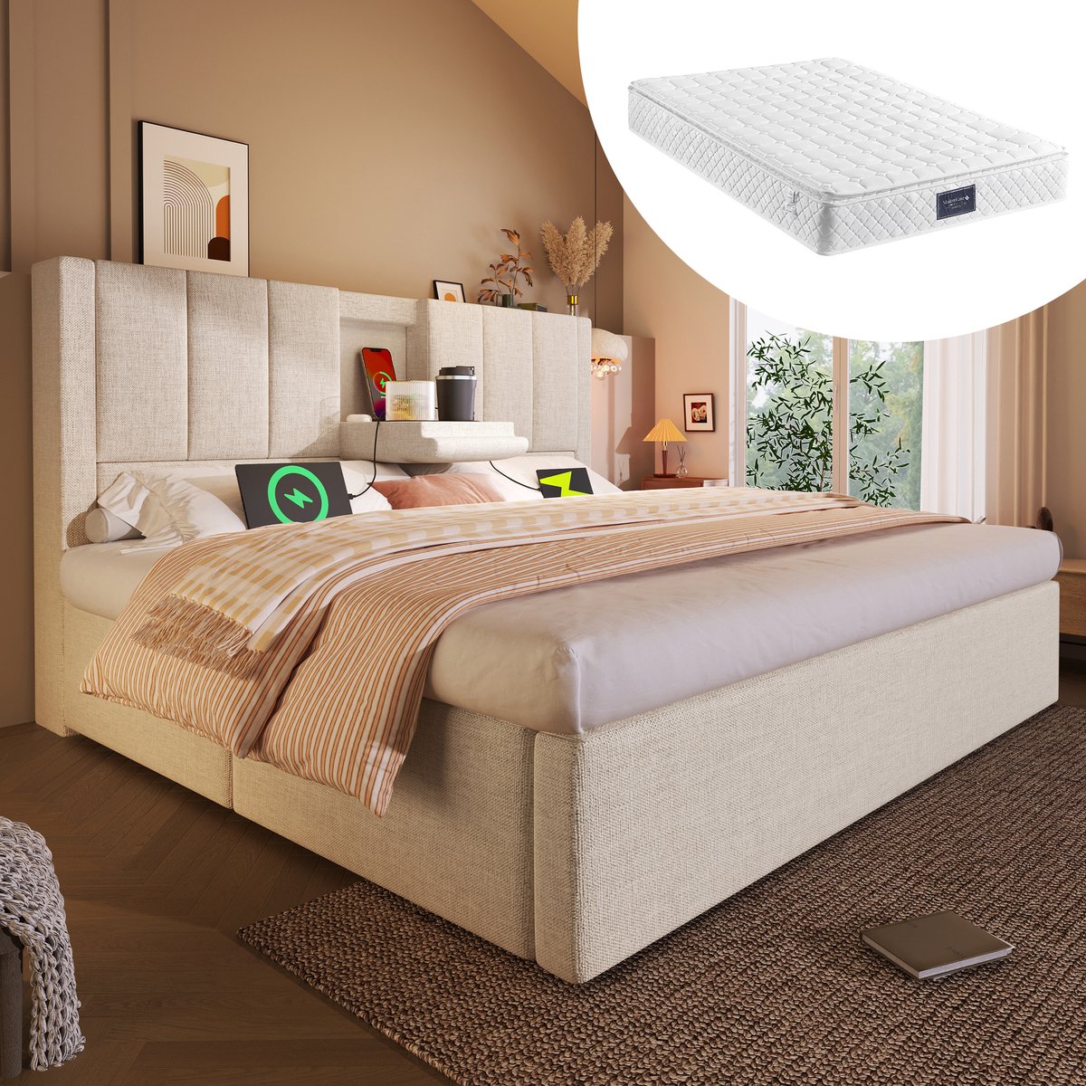 Bedframe - 160x200 Cm - Bed - Met Lattenbodem - Met Opbergruimte - USB C - Beige - Met Matras