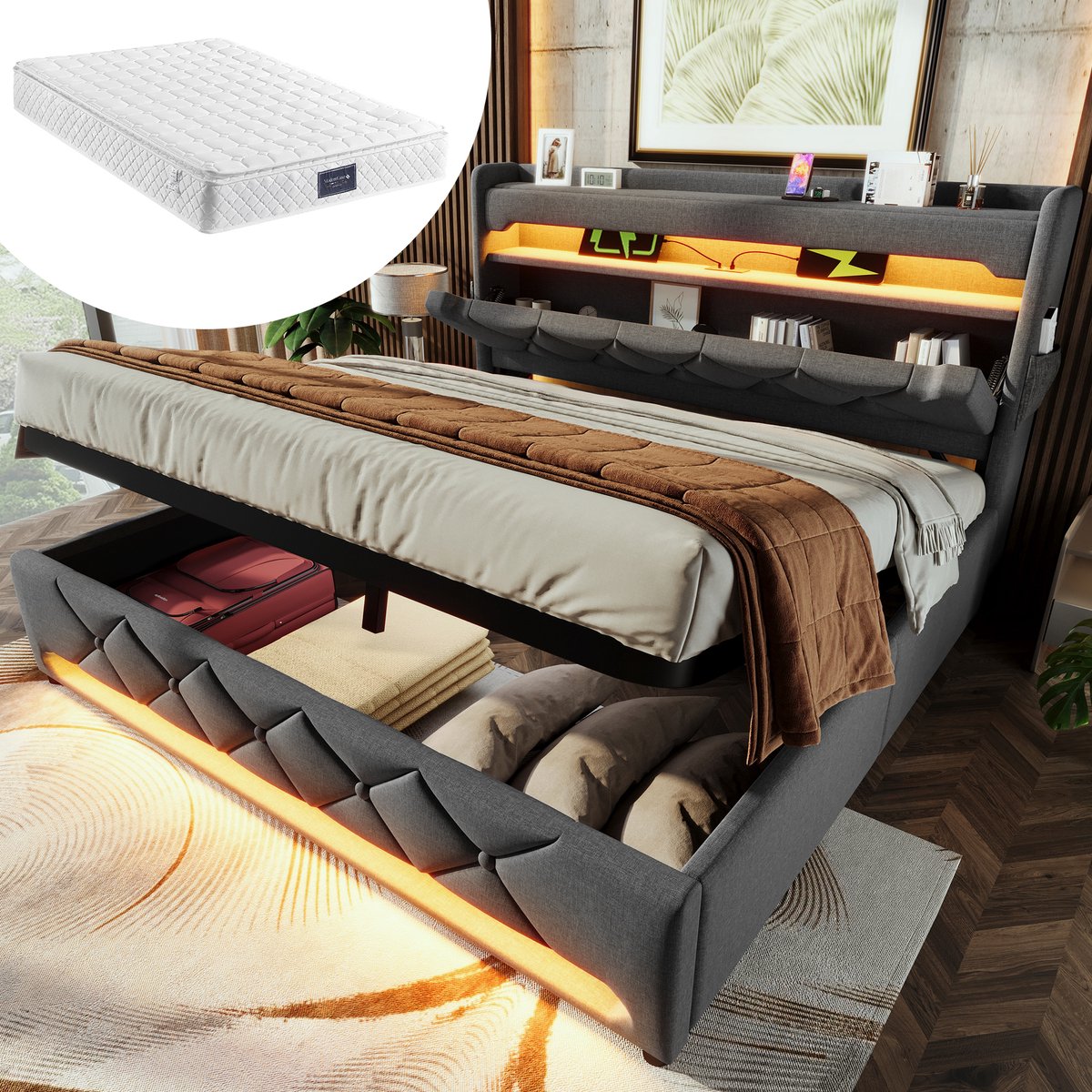 Bedframe - 160x200 Cm - Bed - Met Opbergruimte - LED - USB C - Grijs - Zonder Matras