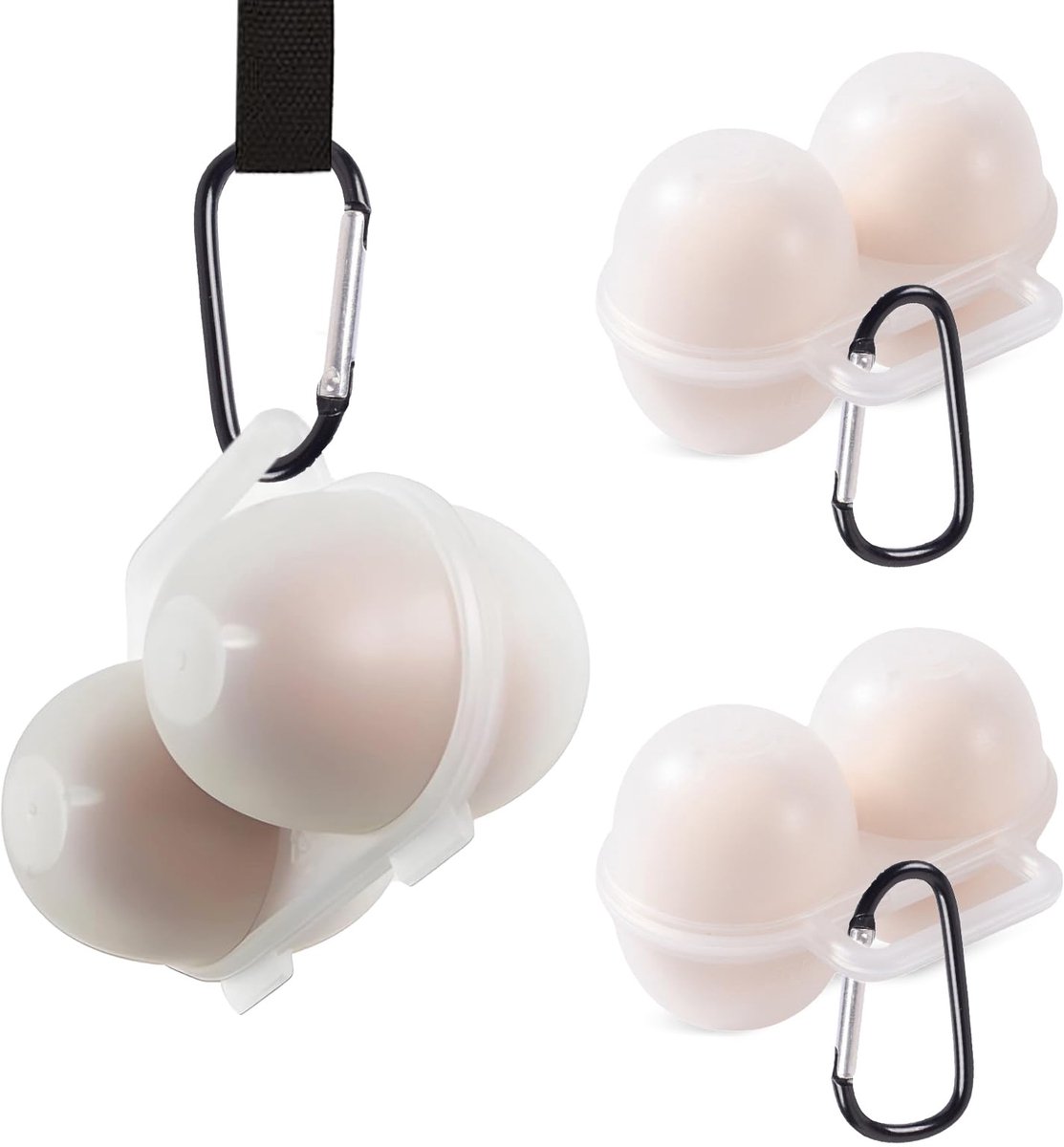 Set van 3 Eierdraagdozen - Compacte Eierhouder voor 2 Eieren - Draagbare Transparante Kunststof Eierbox met Karabijnhaak - Bescherming voor Koelkast, Keuken, Picknick, Camping & Buitenactiviteiten