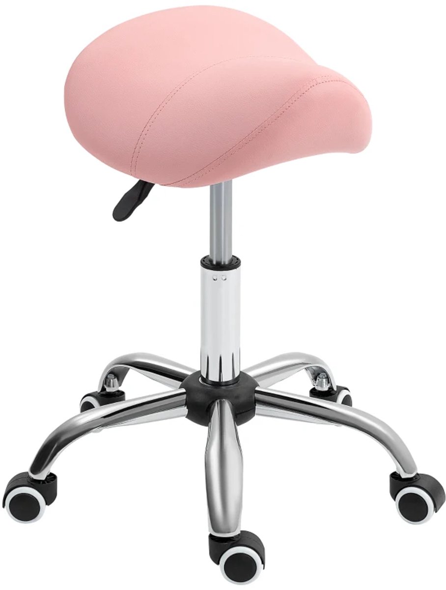 Zadelkruk op Wielen - Zadelstoel met Zadelvormige Zitting- Kapperskruk - Tabouret - 360° Draaibaar - In Hoogte Verstelbaar - Salonstoel - Kruk Stoel - Werkkruk - voor Kantoor, Salon, Massage, Spa - Roze
