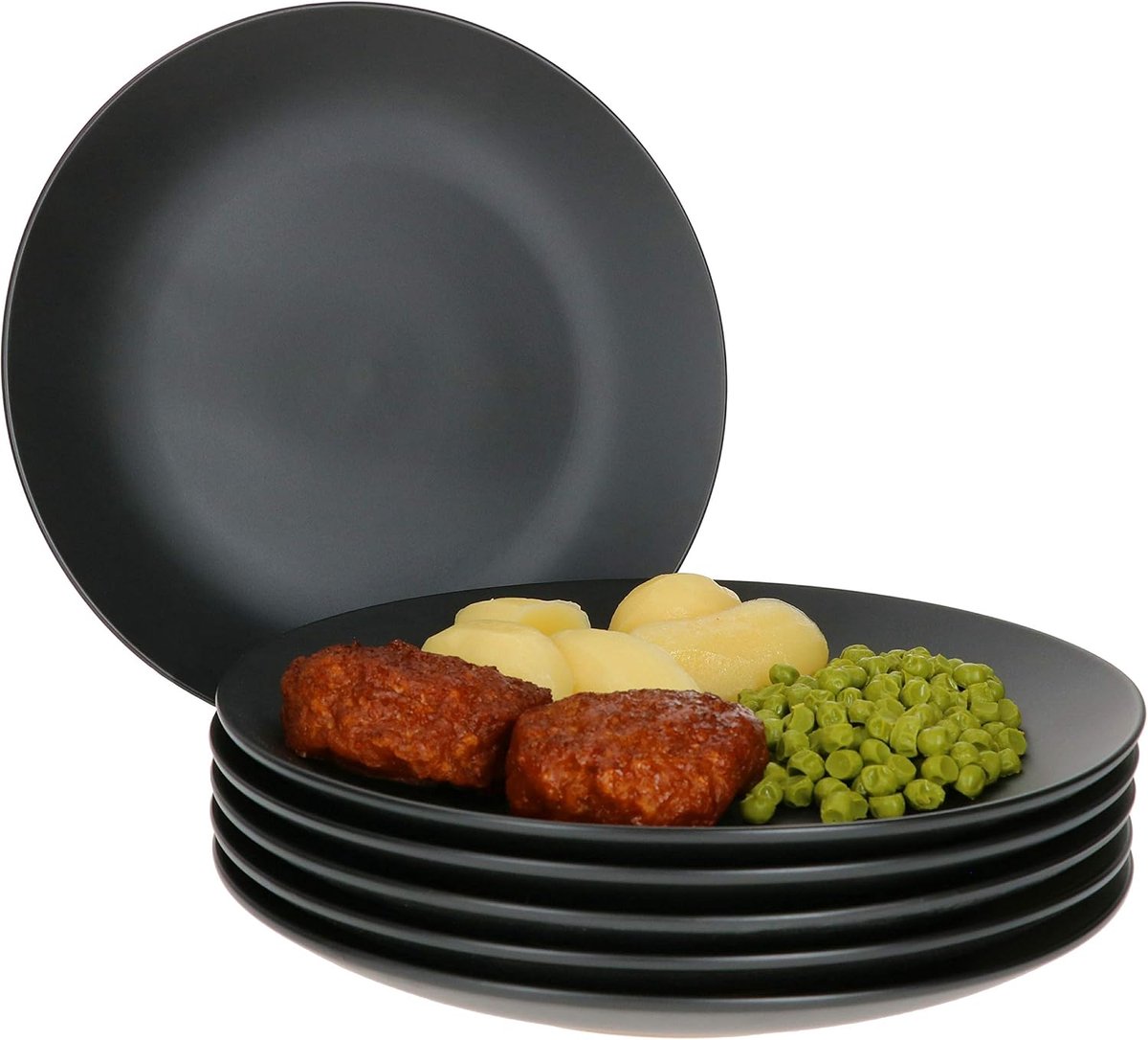 Nagano Set van 6 zwarte platte borden van robuust aardewerk voor 6 personen, casual en tijdloos design, 6 stuks, moderne etnische stijl, borden van aardewerk, mat zwart