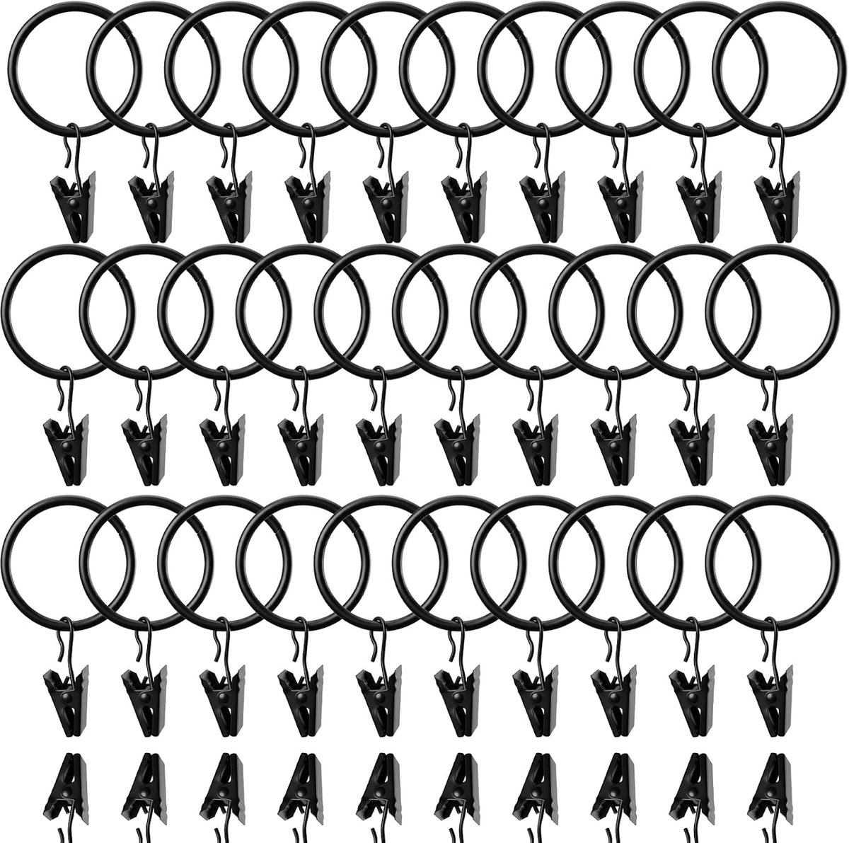 30 stuks Gordijnringen met clips, 35 mm zwart metalen gordijnringen, gordijnclips met haken, voor thuisroede, kantoor, gordijnen en displays (30 ringen, 40 clips)
