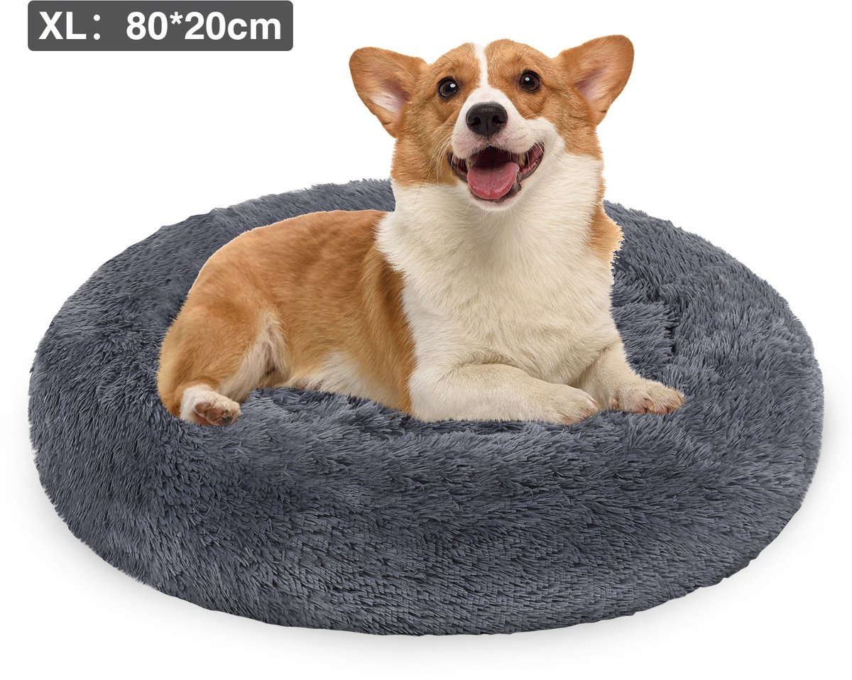 Rond Hondenbed en Kattenbed Ø 80 cm, Lang Pluche, Antislip Bodem, donkergrijs