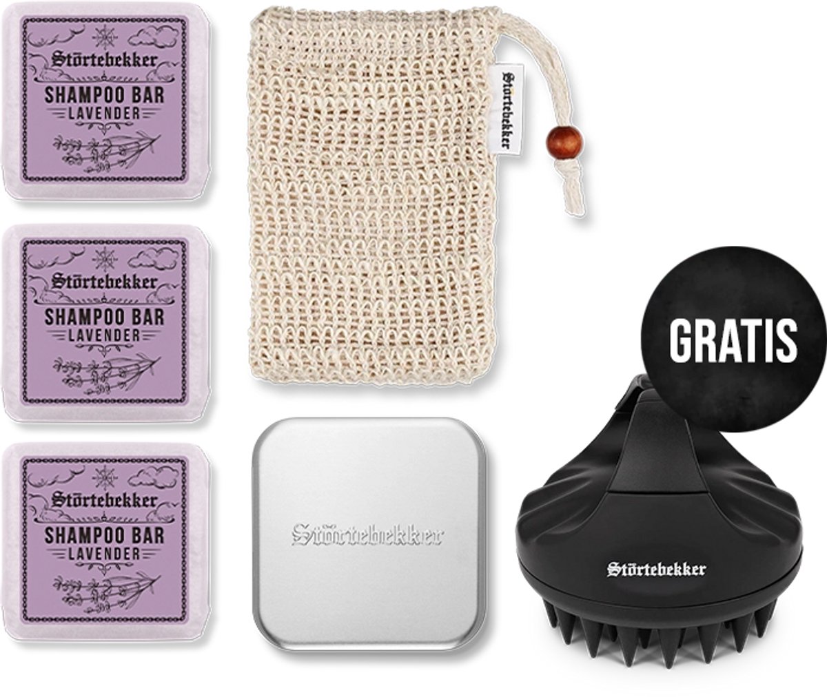 Störtebekker® Premium Douche Set Hair Lavendel - Shower Set Heren met kalmerende, bloemige lavendelgeur - 3x Vaste Shampoo (100g), Sisal Washandje, Zeepdoos & GRATIS Siliconen Hoofdhuidborstel - Vegan - Handgemaakt in Nederland