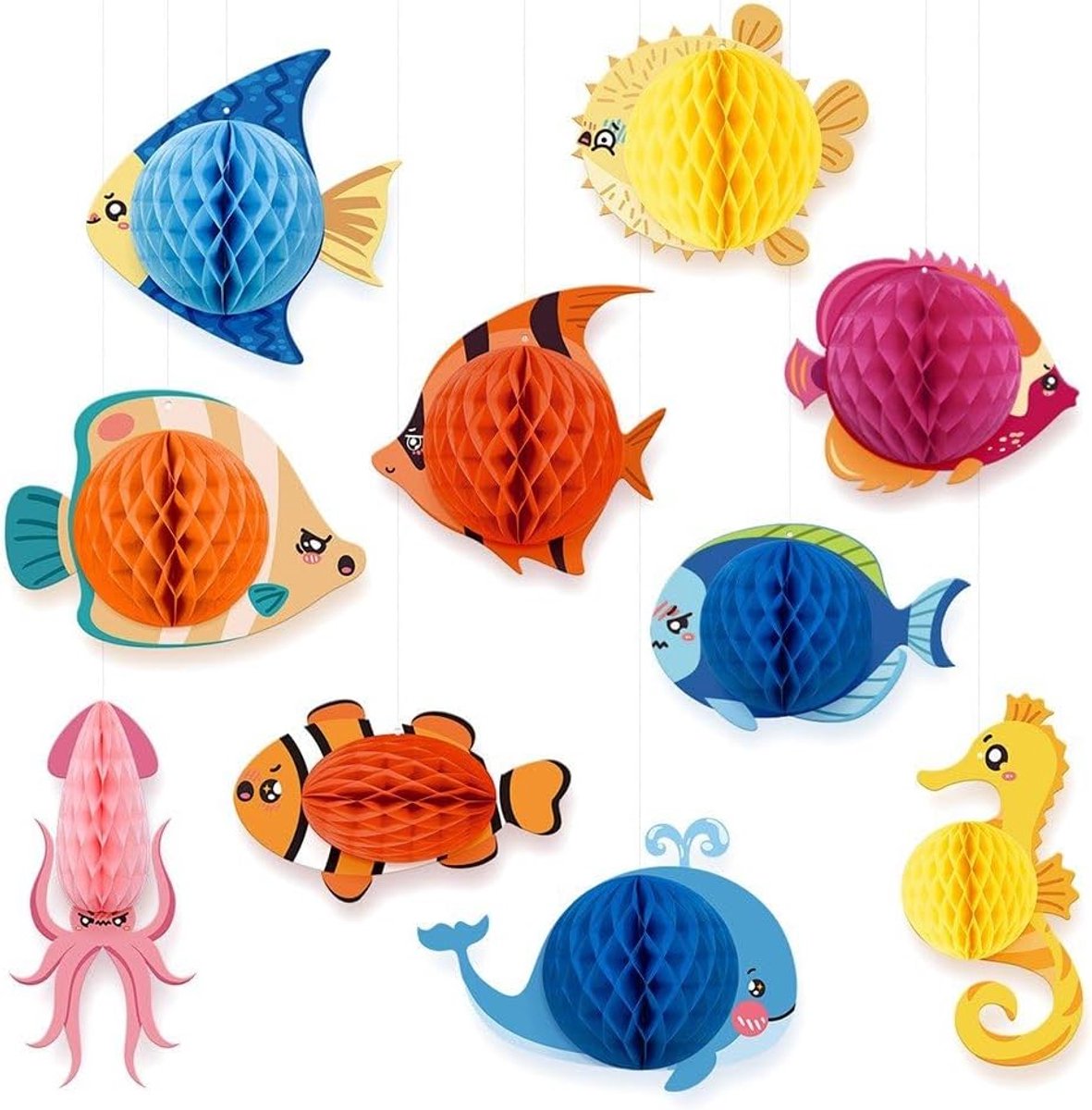 10 papieren decoraties met honingraatmotief en tropische vissen (touw niet inbegrepen) - Verpakkingsgrootte 23×22×2 cm - Perfect voor verjaardagsfeestjes met een onderwaterthema, kinderfeestjes en strandfeestjes