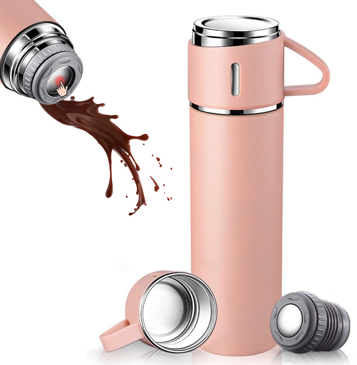 COVREO Thermosbeker 500 ml roze RVS, lekvrij met handgreep