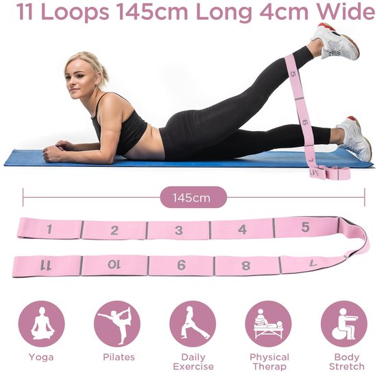 Yoga Stretch Band met 11 Lussen - Elastische Weerstandsband voor Fitness & Pilates - Verstelbare Rekband voor Stretching, Mobiliteit, Flexibiliteitstraining, Yoga en Thuisworkouts — afbeelding 4