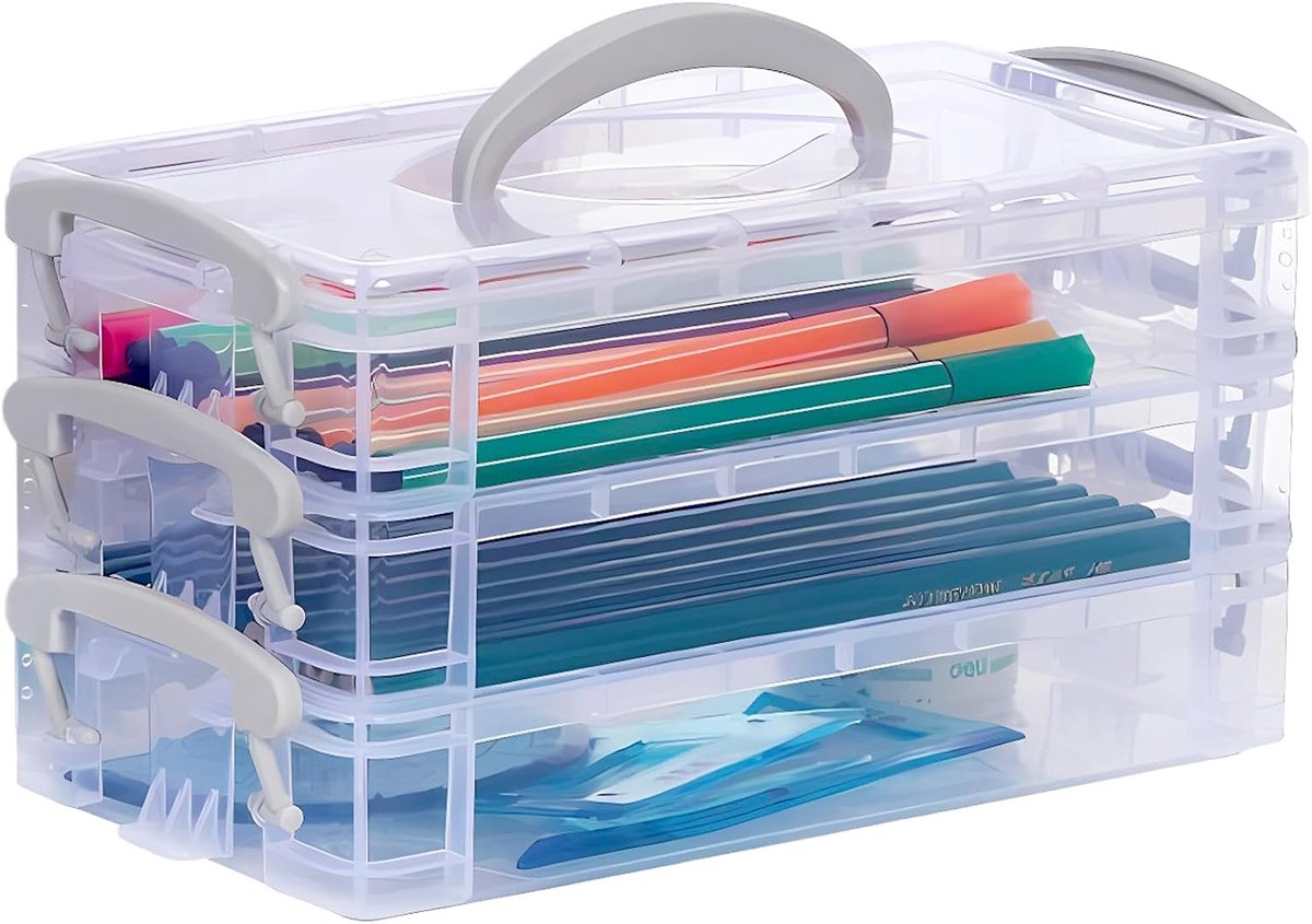 Schoolmapje met handvat - set met 3 stapelbare vakken - transparante organizer - pennen voor het bureau met grote capaciteit - pennenhouder - perfect voor kantoor en thuis