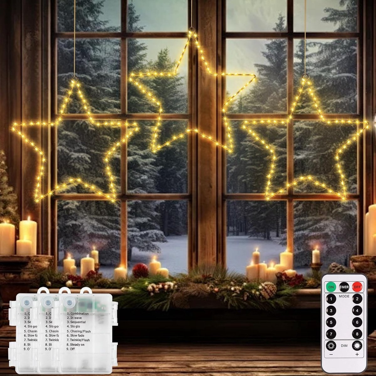 Pack van 3 LED Sterren Lichten voor Kerstdecoratie, 180 LEDs, Batterij Aangedreven, 8 Modi, Timer, Verlichting voor Kerstmis en Bruiloften, Warm Wit en Decoratief