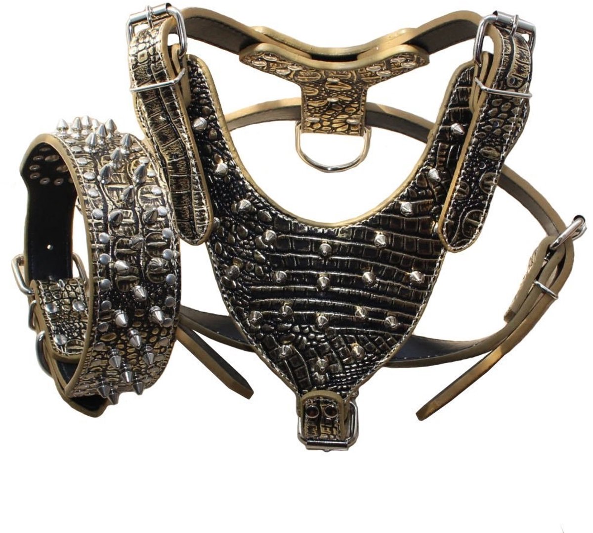 SolidKeus - Hondenhalsband en Tuig Set in Faux Leer met Spikes voor Grote Honden