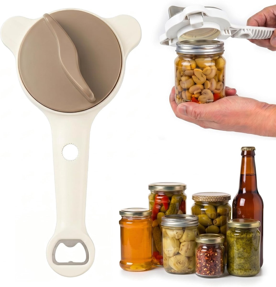 4-in-1 flesopener - Ergonomische blikopener - Blikopener - Dekselopener - Keukengereedschap - Hulpmiddel voor senioren - Handig voor senioren en mensen met artritis