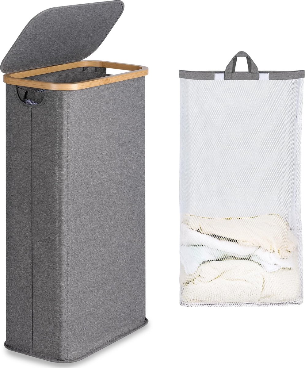 SolidKeus - Smalle Wasmand met Deksel 63L, Vouwbare Wasmand met Bamboe Handvatten
