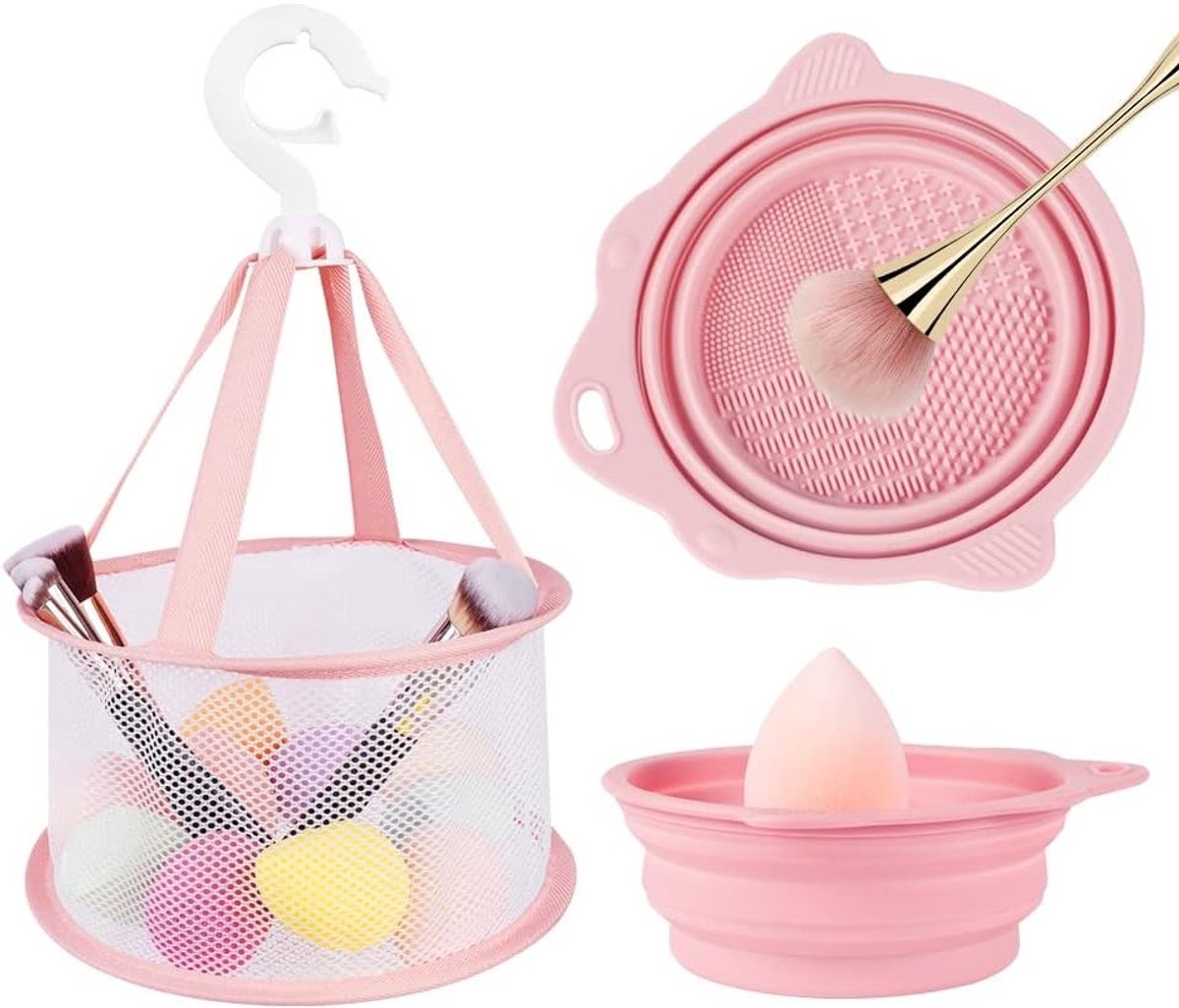 Make-up Borstel Reinigingsmat en Hangnet voor Drogen - Vouwbare Siliconen Borstelreiniger met Droogrek voor Sponsen, Poederpuffs en Borstels (Roze)