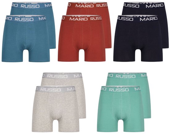 Een 10-pack Mario Russo boxershorts in verschillende kleuren: blauw, rood, donkerblauw, grijs en groen.