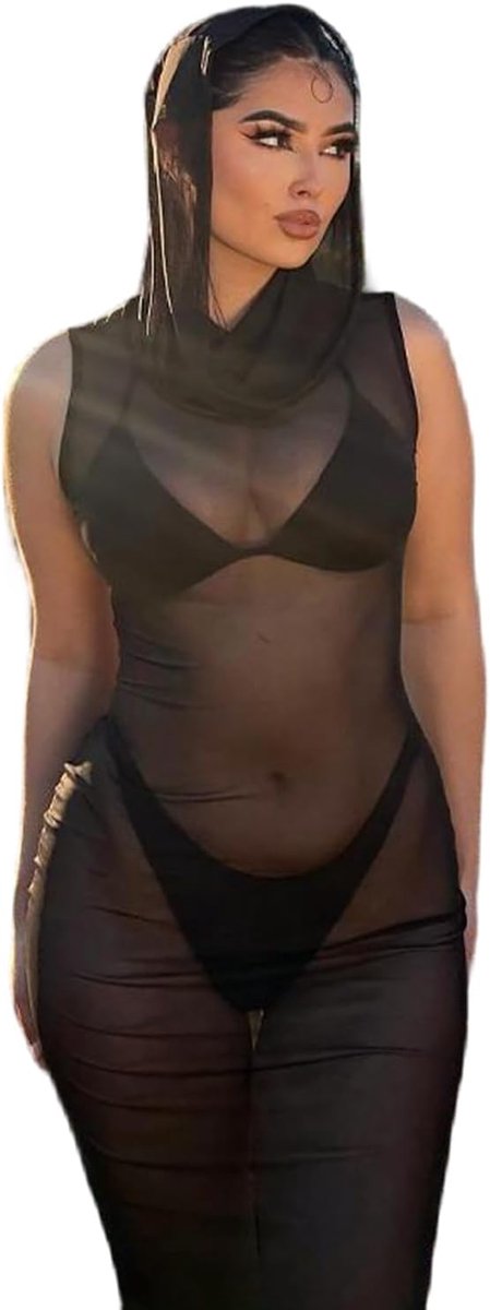 Rave Outfit voor dames, sexy cover-ups, voor badpak, bikini, cover-ups, maxi-jurk met capuchon