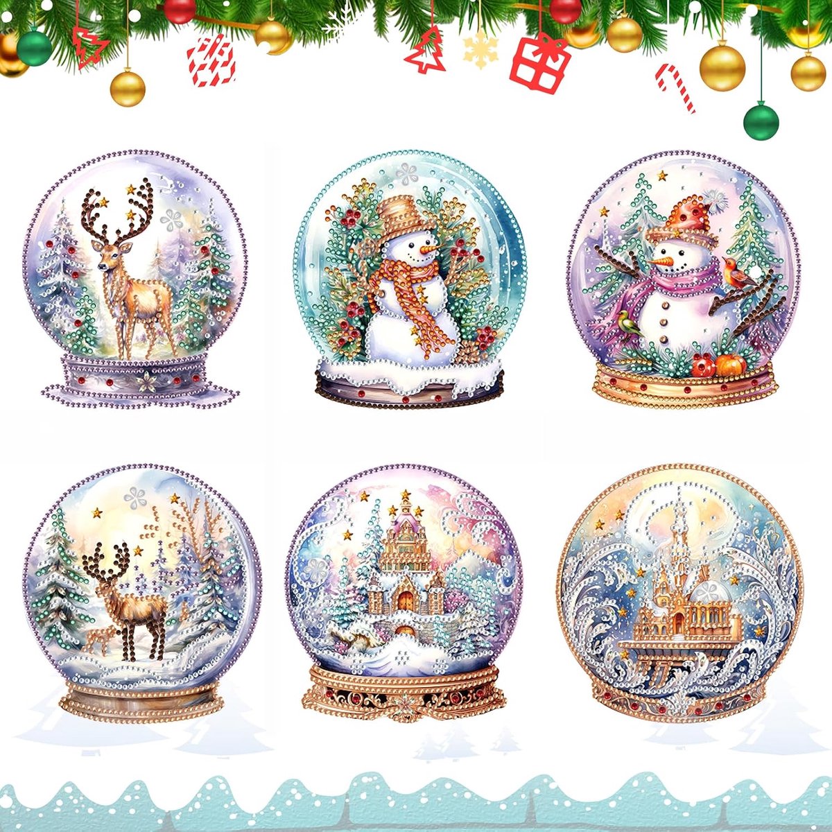 6 stuks Diamond Painting kerstkaarten, 5D diamant schilderij kerstmis verjaardagskaarten met blanco envelop, creatieve DIY-cadeaus, voor kerstmis, nieuwjaar of verjaardag