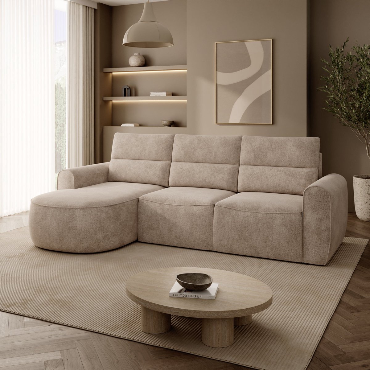 Meubella - Doval - Hoekbank 3-zits - Stof beige - Links